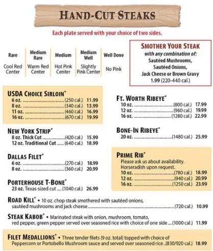 Texas Roadhouse Hand Cut Steaks Menu