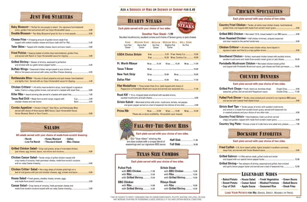 Texas roadhouse menu showing All dishes on menu with Price and calories